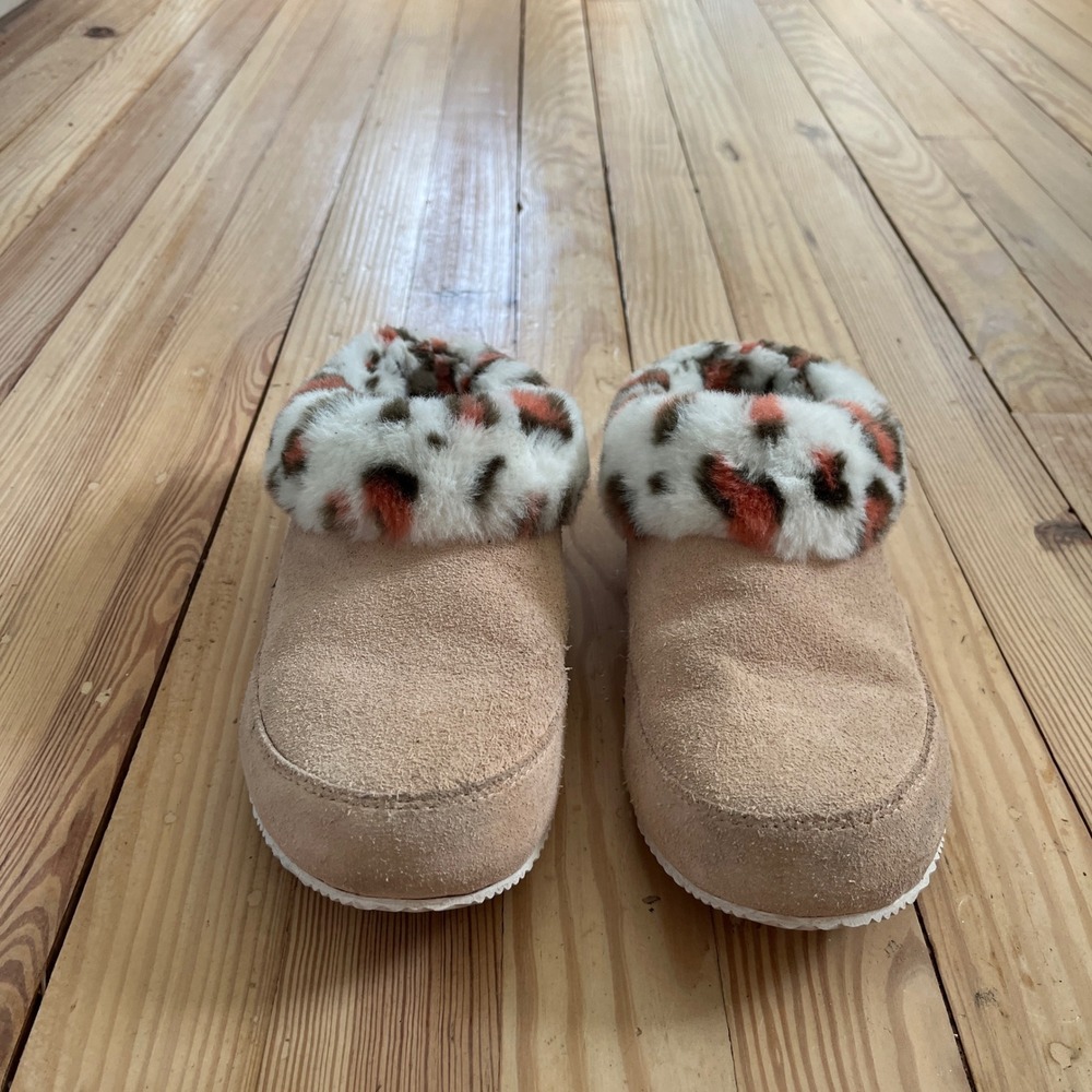 Sorel Nakiska Scuff Tan Suede Leopard Faux Fur Slippers NL4887-260 Womens 7 - Picture 2 of 8